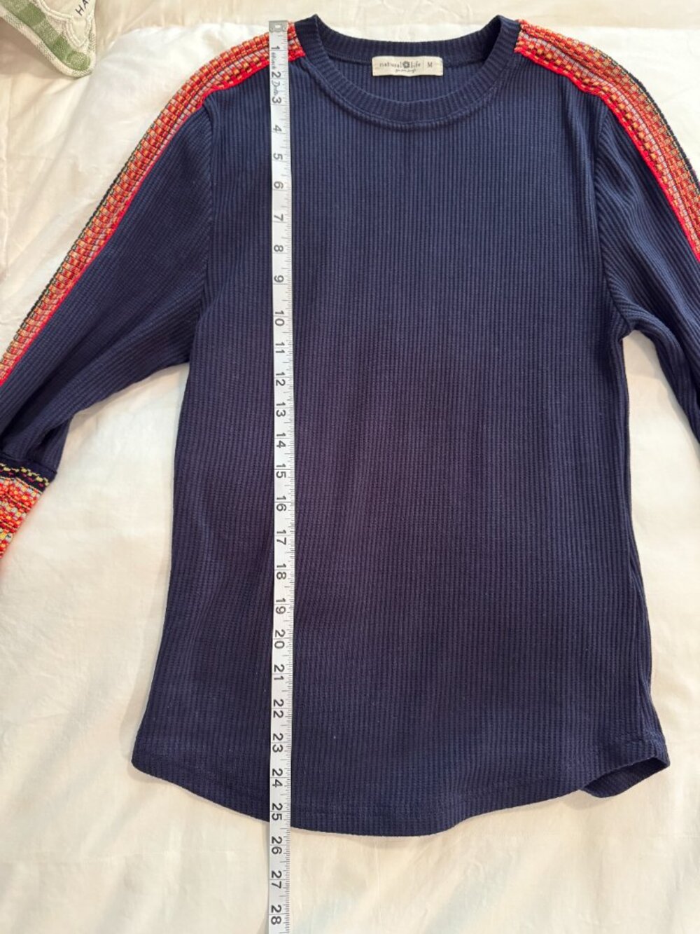 Natural Life Navy Waffle Knit Embroidered Sleeve Top Boho Medium - Picture 7 of 7